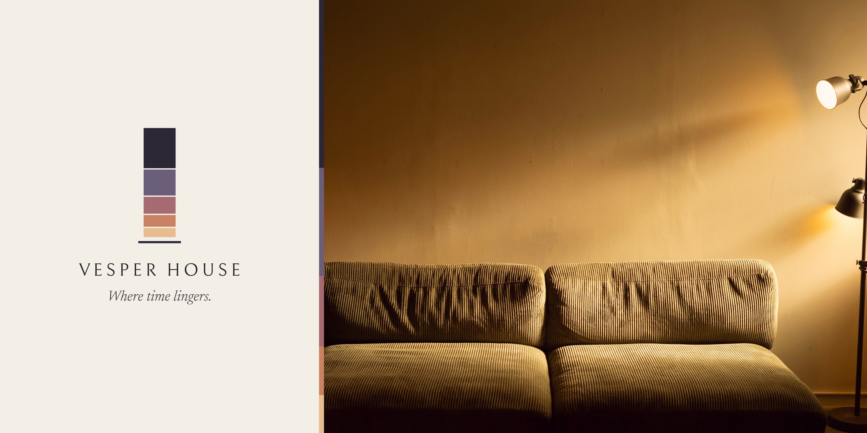 The Vesper House logo and tagline “Where time lingers.” beside a photograph of a corduroy sofa in warm evening lamplight.