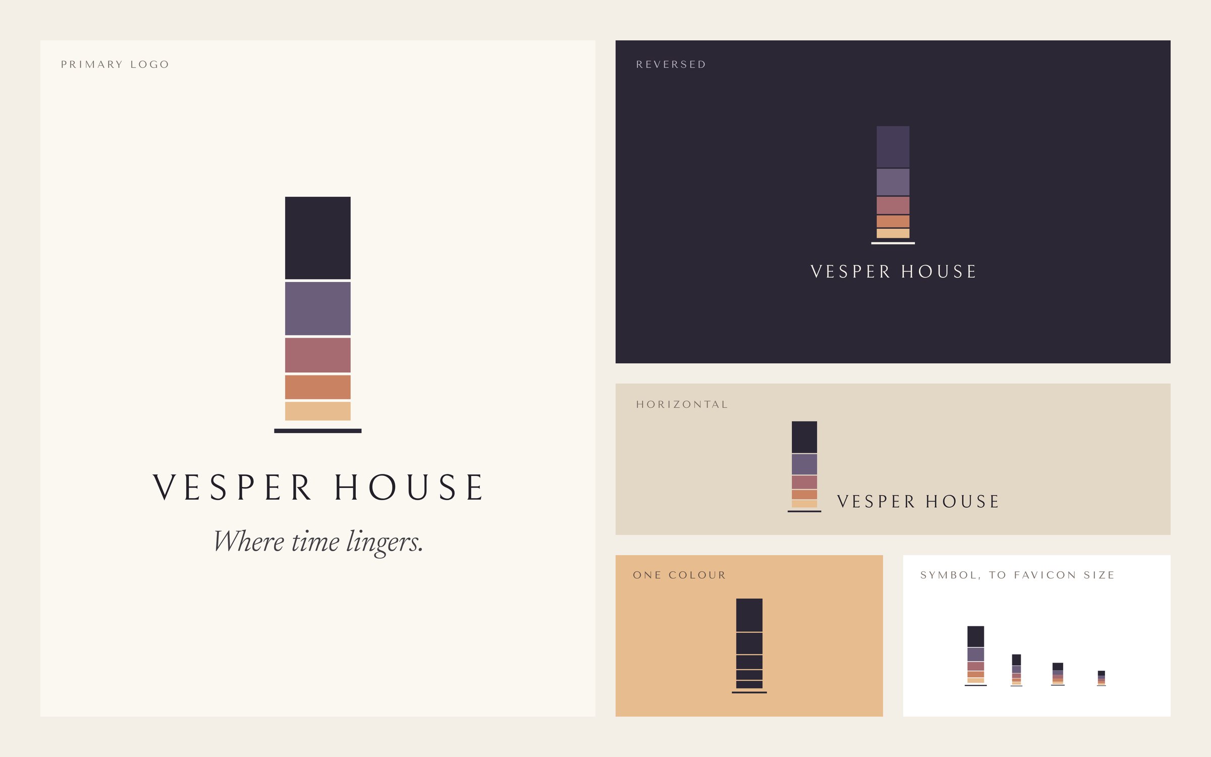 The Vesper House logo system: primary logo with tagline, reversed version on night blue, horizontal version, one-colour symbol and the symbol at small sizes.