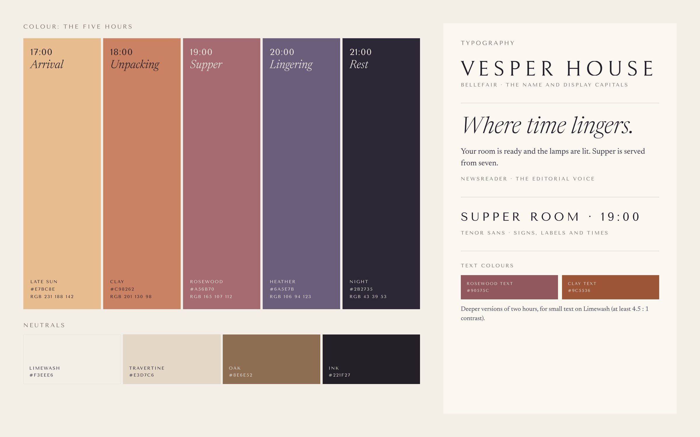 The Vesper House palette of five evening hours, from Late Sun to Night, with neutrals and text colours, and specimens of Bellefair, Newsreader and Tenor Sans.
