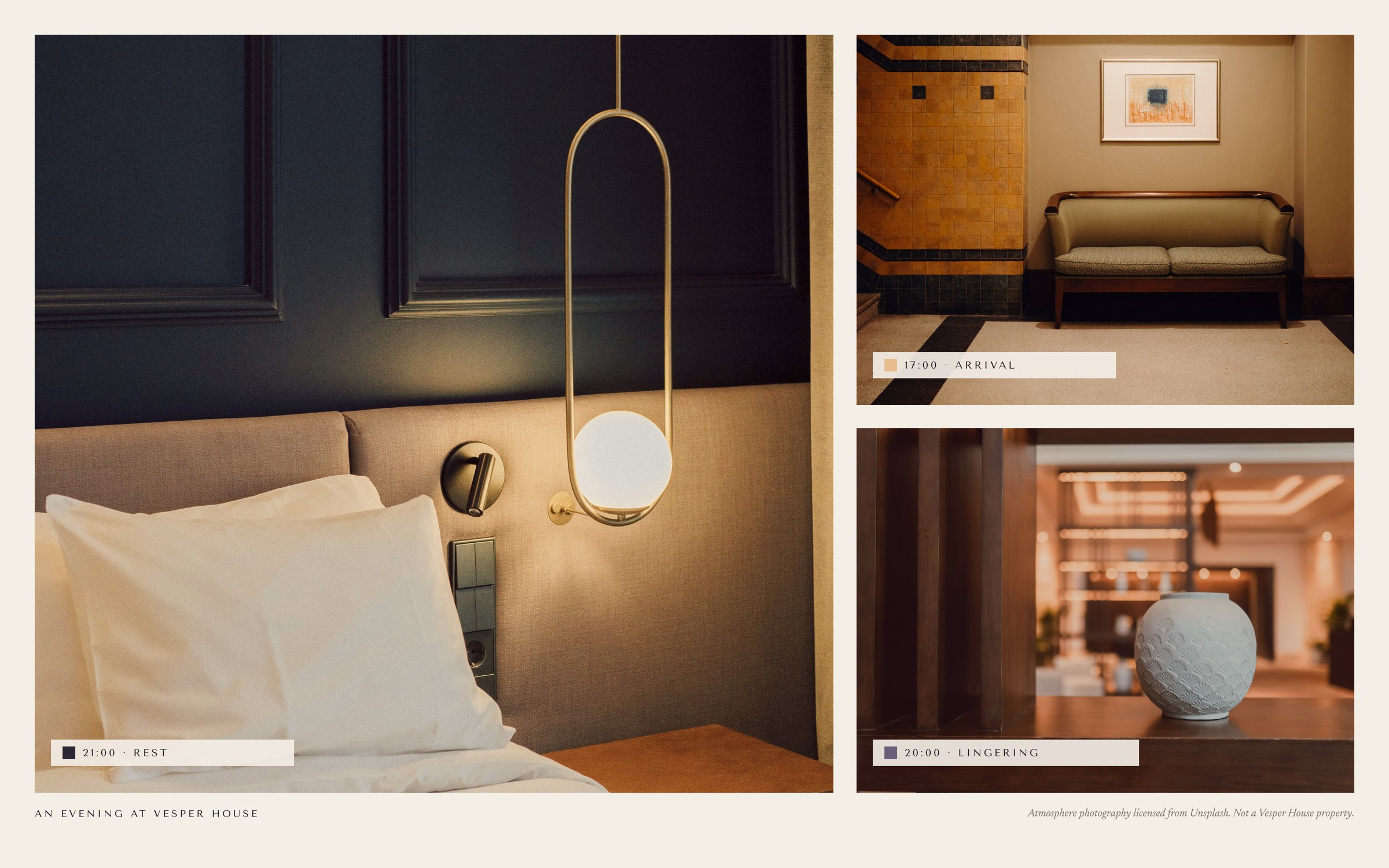 Atmosphere photography: a hotel bed lit by a brass pendant, a quiet arrival hall with a settee, and a ceramic vase in a warmly lit lounge, labelled 21:00 Rest, 17:00 Arrival and 20:00 Lingering.