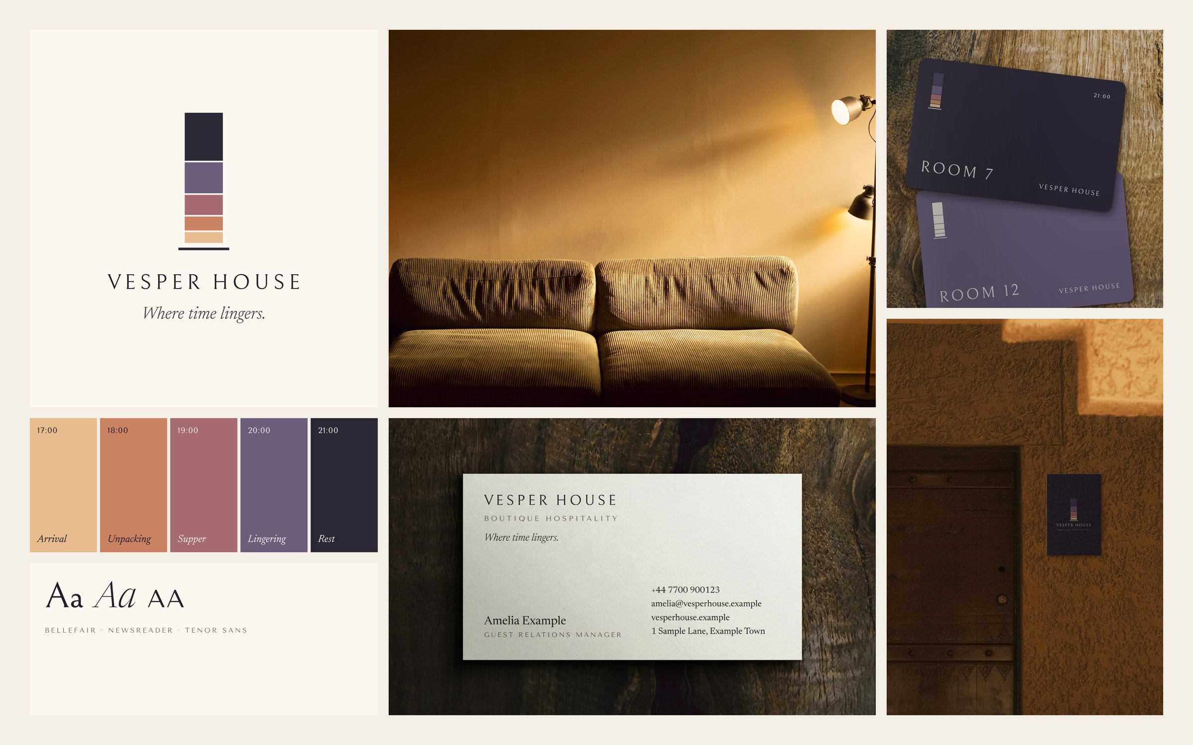 Overview of the Vesper House identity: logo, five-hour palette, typography, the sofa photograph, business cards, room key cards and the entrance plaque.