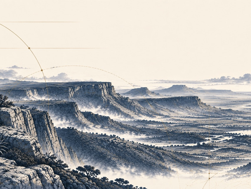 Ink illustration of a Southern African escarpment and wide valley, traced with fine gold survey lines