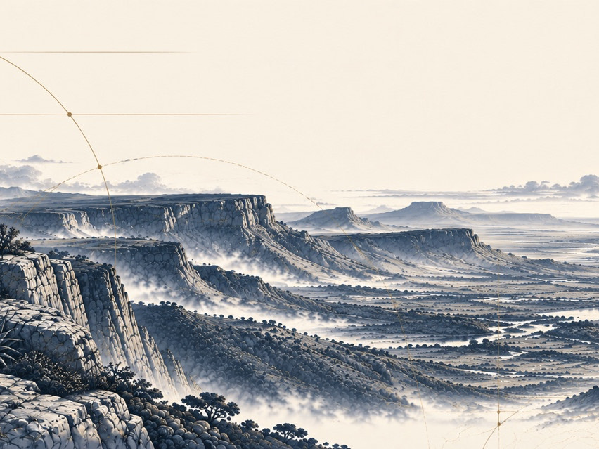 Ink illustration of a Southern African escarpment and wide valley, traced with fine gold survey lines