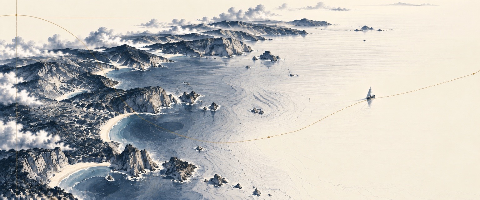 Ink illustration of a rocky coastline seen from above, with a sailboat following a dotted gold route