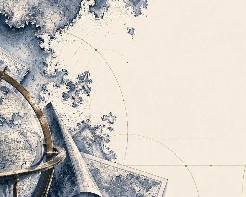 Ink illustration of antique maps and a brass navigation instrument, traced with gold survey lines