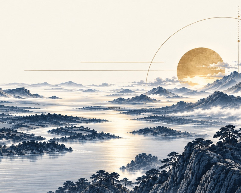Ink painting of misty mountains at sunrise, with a gold sun and fine survey lines