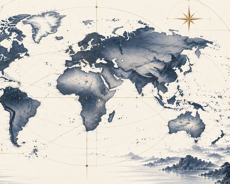 Ink world map with fine gold survey lines