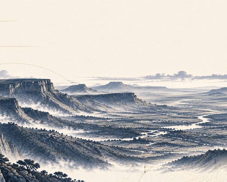 Ink illustration of a Southern African valley traced with fine gold survey lines