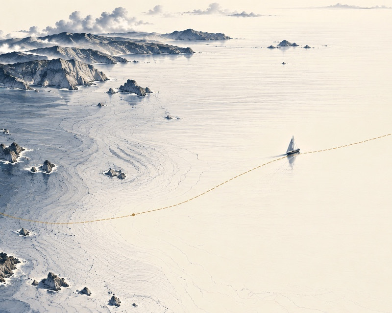 Ink illustration of a sailboat following a dotted gold route along a rocky coastline